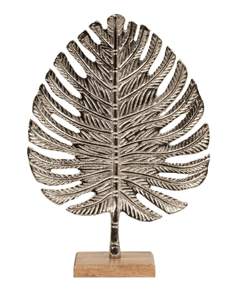 Silver Leaf meesterwerk handgemaakte sculptuur op houten basis voor elegantie en stijl in elke kamer 32 cm
