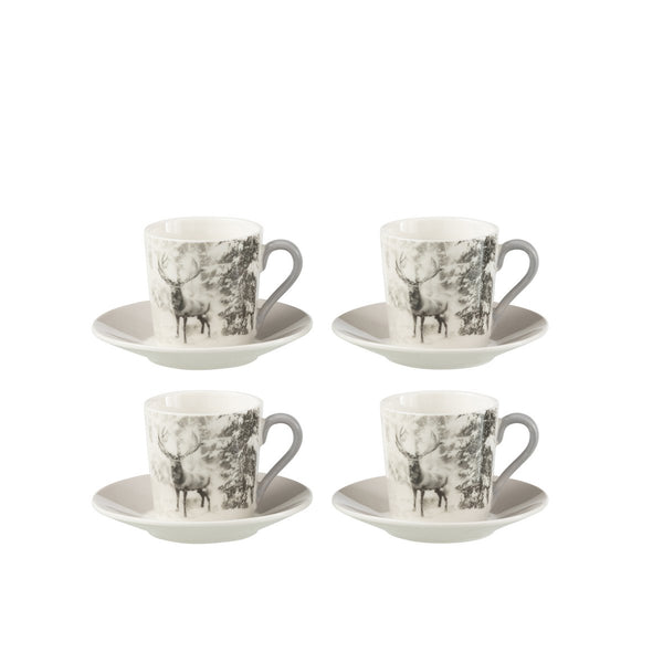 Set of 4 tea coffee cups with saucers reindeer motif ceramic 80 ml