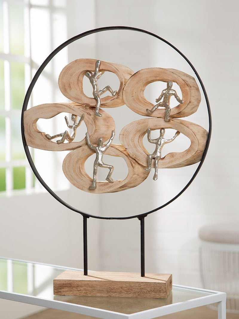 Circle Sculpture 'Climb' - Natural colored artwork with silver colored figures