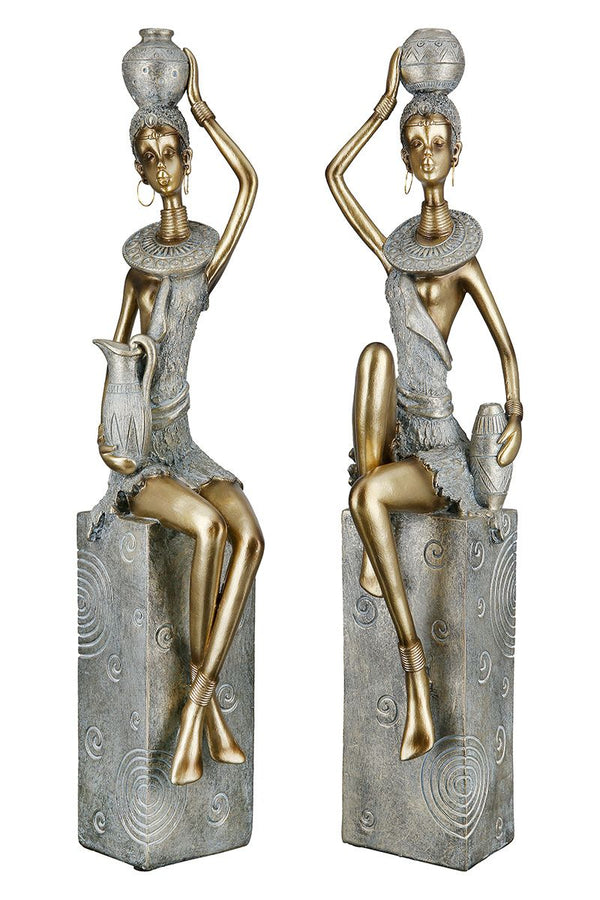 2 parts 'Jamila' figurine - Elegant, seated figurine in gold and gray with jug on head