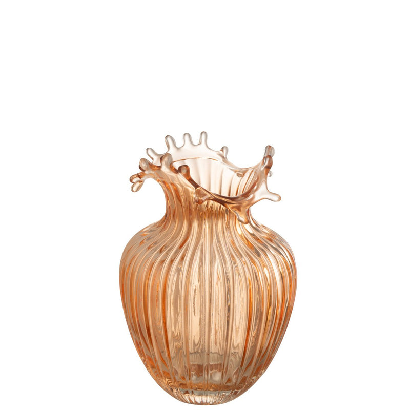 Small glass vase with flower rim and lines – orange, 21 cm