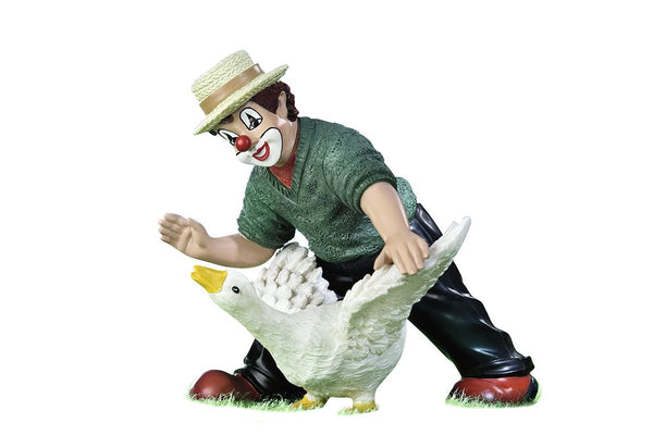 Handgefertigte Gilde Clown Figur 'Hans im Glück' mit Gans, Kunstharz, 10 cm