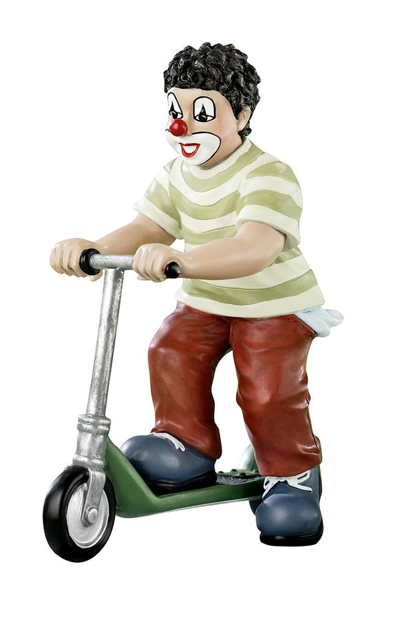 Handgefertigte Gilde Clown Figur 'Cityroller', auf Roller, Kunstharz, 13 cm