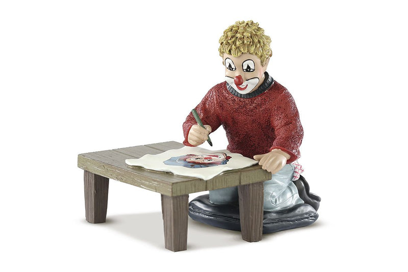 Handgefertigte Gilde Clown Figur 'Der Zeichenkünstler', mit Tisch, Kunstharz, 10 cm