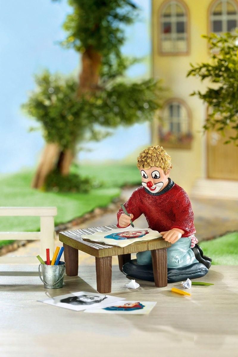 Handgefertigte Gilde Clown Figur 'Der Zeichenkünstler', mit Tisch, Kunstharz, 10 cm