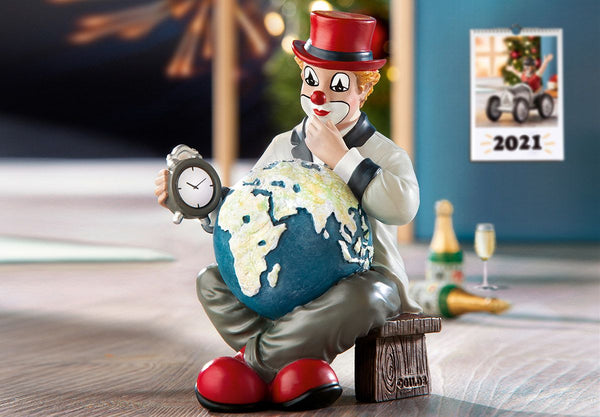 Besinnlicher Kunstharz-Clown "Nimm' dir Zeit" mit Weltkugel und Uhr