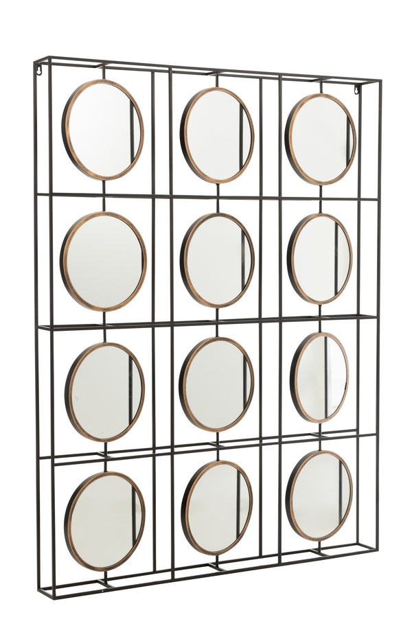 Wall decoration with 12 mirrors made of metal and glass in black