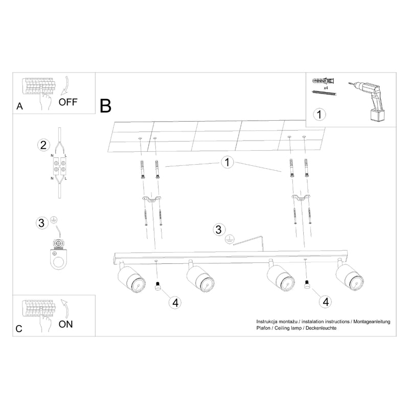 NERO 4 plafondlamp zwart/chroom