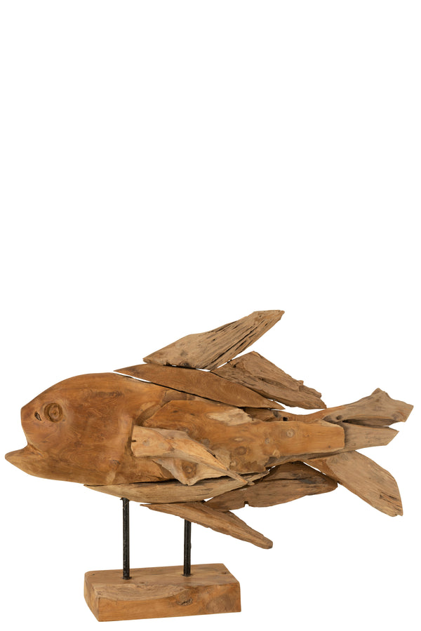 Teak wood fish sculpture on foot - natural beauty for your home
