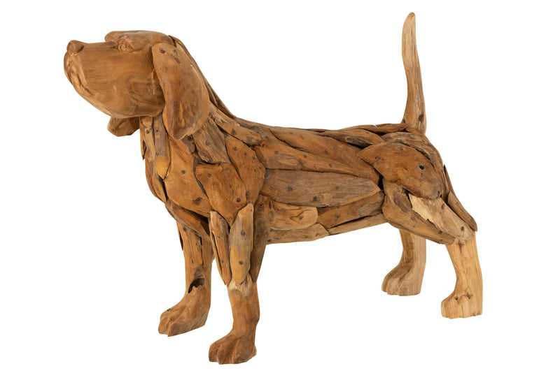 Teak Wood Dog Sculpture - Handcrafted, Lifelike Dog Decor Figure