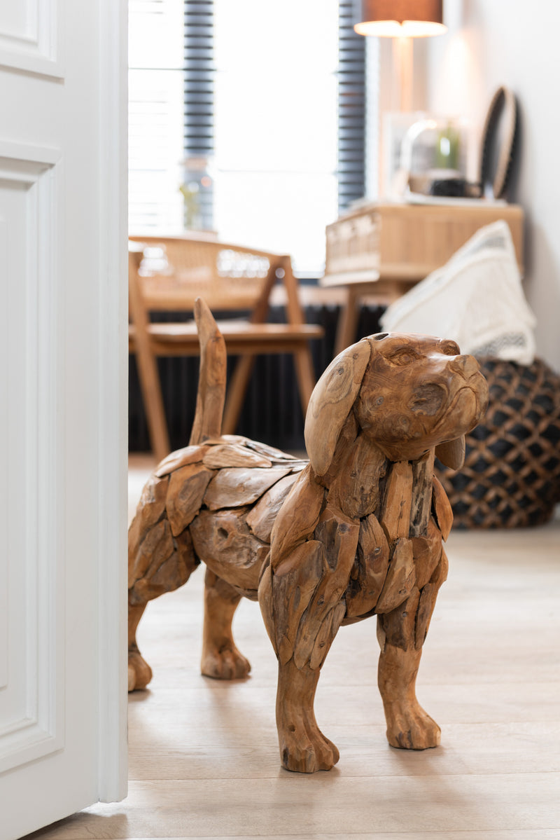 Teak Wood Dog Sculpture - Handcrafted, Lifelike Dog Decor Figure
