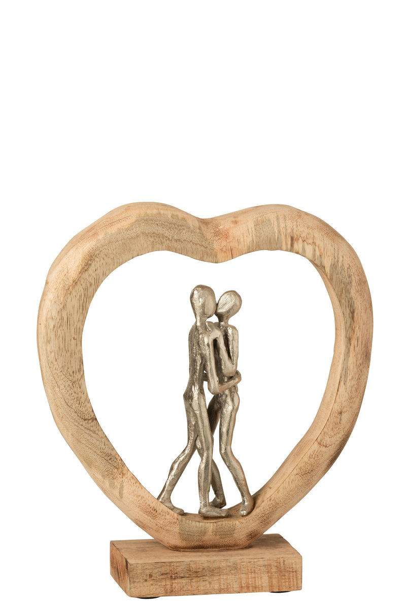 Hugging Couple in Heart Shape - Mango Wood and Aluminum Figure, Perfect Valentine's Day Gift