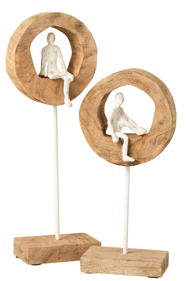 Set van 2 denkfiguren in een ring van mangoboom en aluminium naturel wit - verkrijgbaar in 2 maten