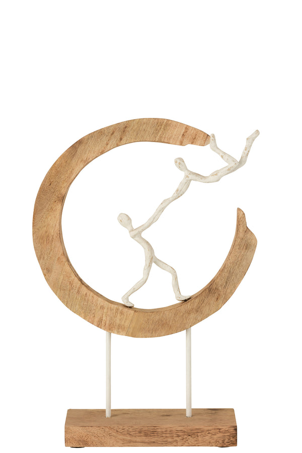 Set of 2 figures - romantic couple under the crescent moon made of mango tree and aluminum in natural and white cream design