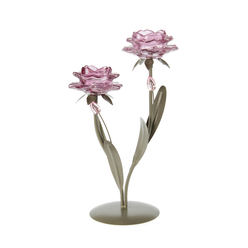 Decorative glass tealight holder flower for two tealights, 19 x 12.5 x 32.5 cm, purple - For atmospheric accents