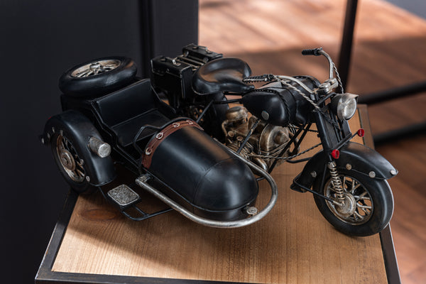 Retro Motorrad mit Beiwagen, aus Metall, in Schwarz - Einzigartiges Designobjekt