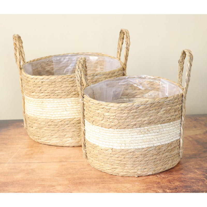 Straw basket set of 2 with handle, Ø 27x28cm / Ø 31x31cm, brown