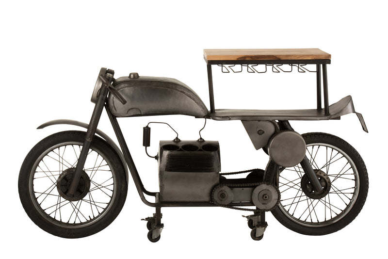 Bar motorcycle trolley made of metal and mango wood wine rack