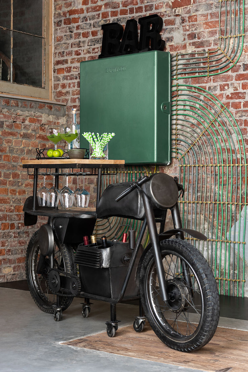 Bar motorcycle trolley made of metal and mango wood wine rack