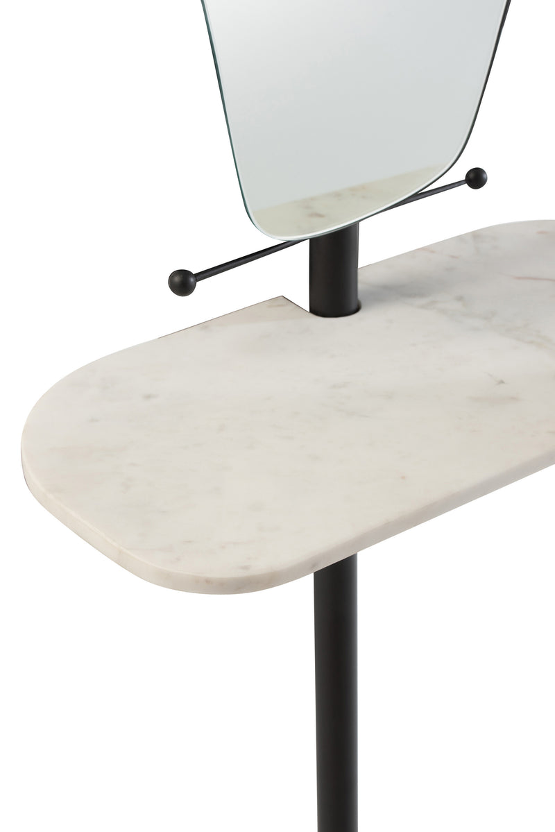 White marble wall mirror with black metal frame and shelf 