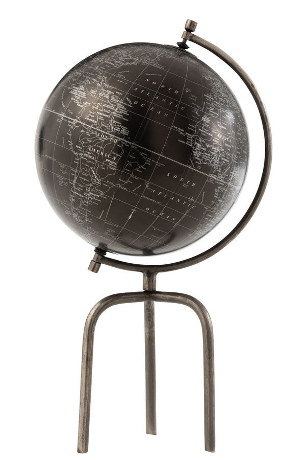 Imposing eye-catcher three-legged globe made of metal/plastic in silver/black