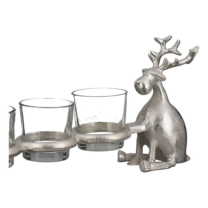 Advent candlestick "Hank" - handmade reindeer design made of aluminum, silver-colored, with 4 tea light glasses