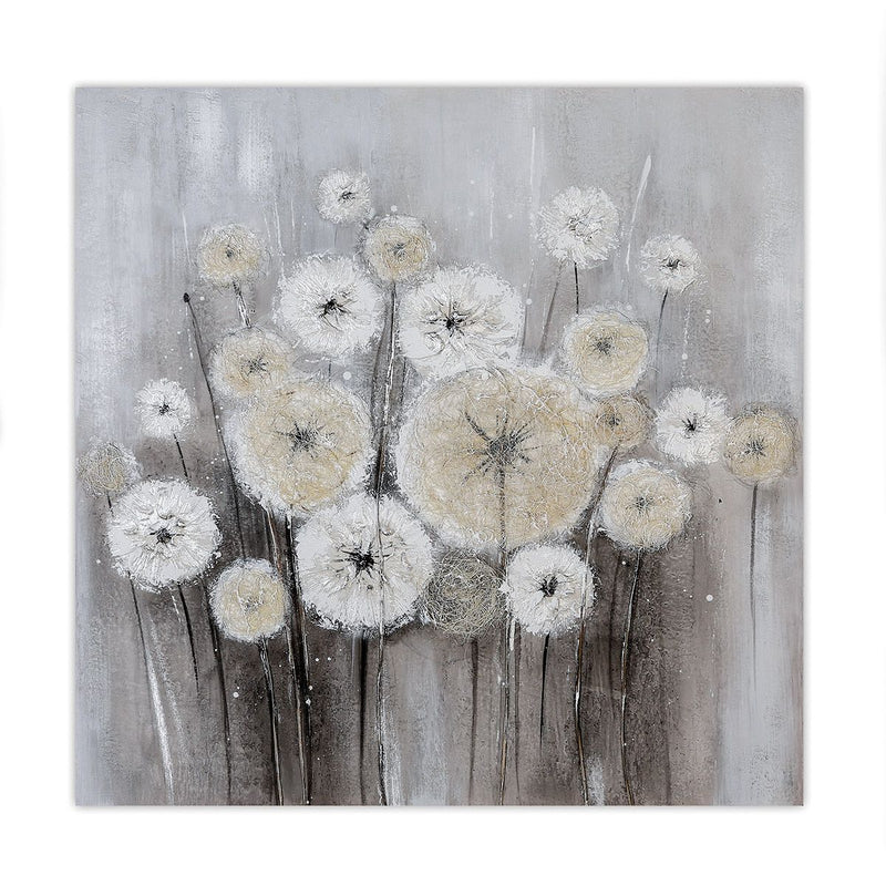 Wooden linen picture Dandelion in white/grey/cream 100x100cm