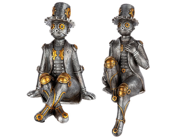 2er Set Poly Steampunk Skulptur Kantensitzer 'Tin Man' - Einzigartiges Design in Silber und Kupfer