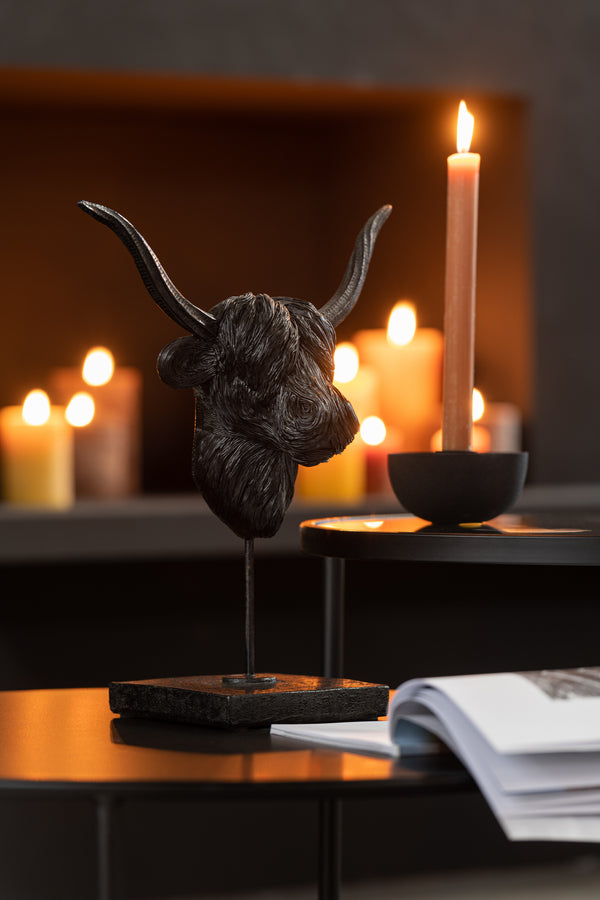 Elegant set of 2 buffalo head sculptures on a poly base in black