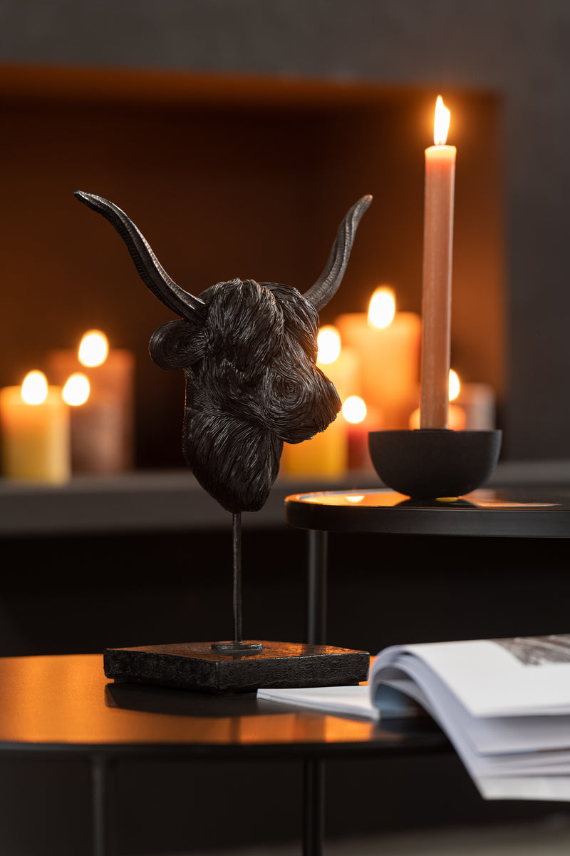 Elegante set van 2 buffelkop sculpturen op poly voet in zwart