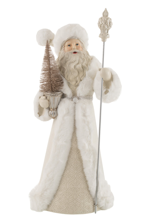 Kerstman decoratiefiguur van poly in wit/champagne met kerstboom en metalen staaf - handgemaakt