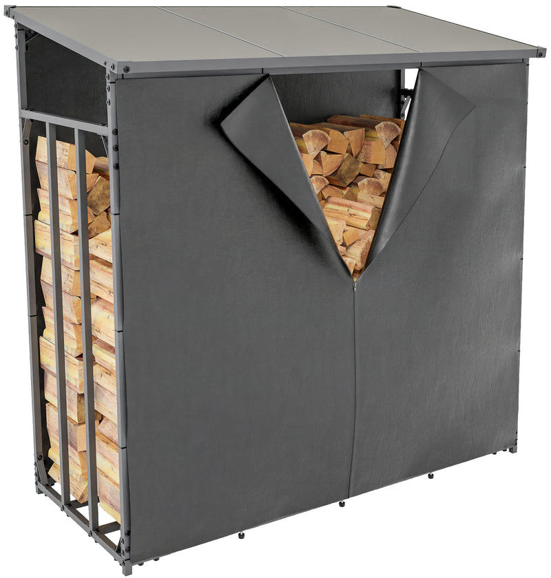 Ruston firewood shelter with tarpaulin