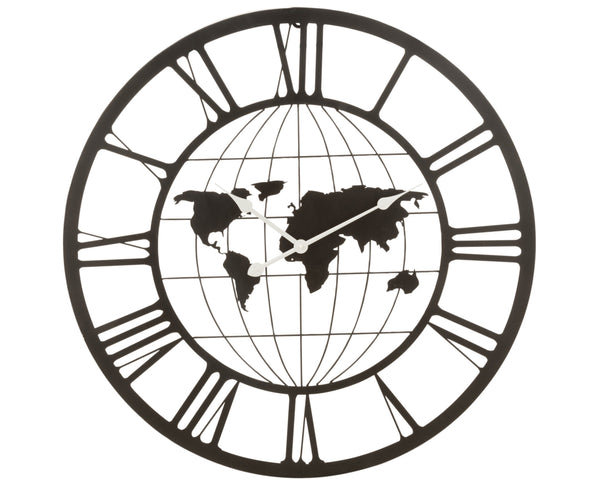 Time Travel Wall Clock with Roman Numerals and World Map, Metal, Black 80cm