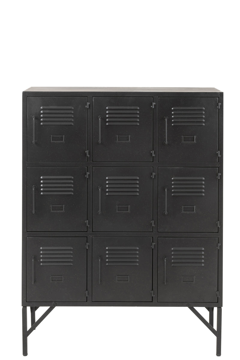 Moderne 9-deurs zwart metalen kast - opbergruimte met industriële flair