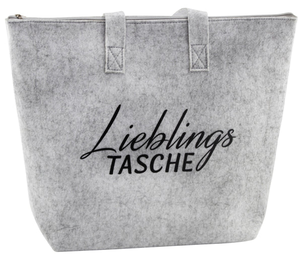 Filz Tasche hellgrau mit Reißverschluss und Schriftzug Lieblingstasche 35x45 cm