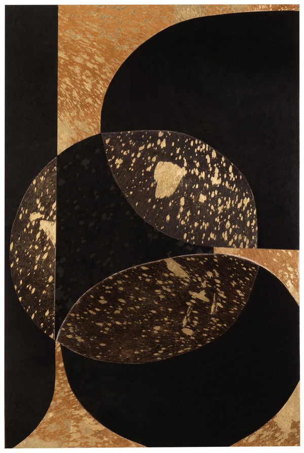 Artistic Rectangular Shapes &amp; Circles Leather Wall Mural - Handcrafted elegance in black and gold tones