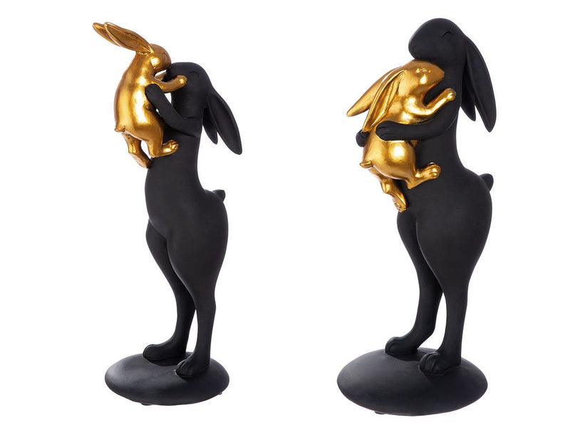 Set van 2 moederkonijnen met kindersculpturen, mat zwart goud, 32 cm hoog, kunsthars