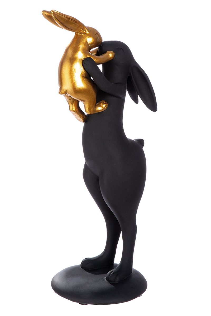 Set of 2 mother rabbit with child sculptures, matt black gold, 32 cm high, synthetic resin