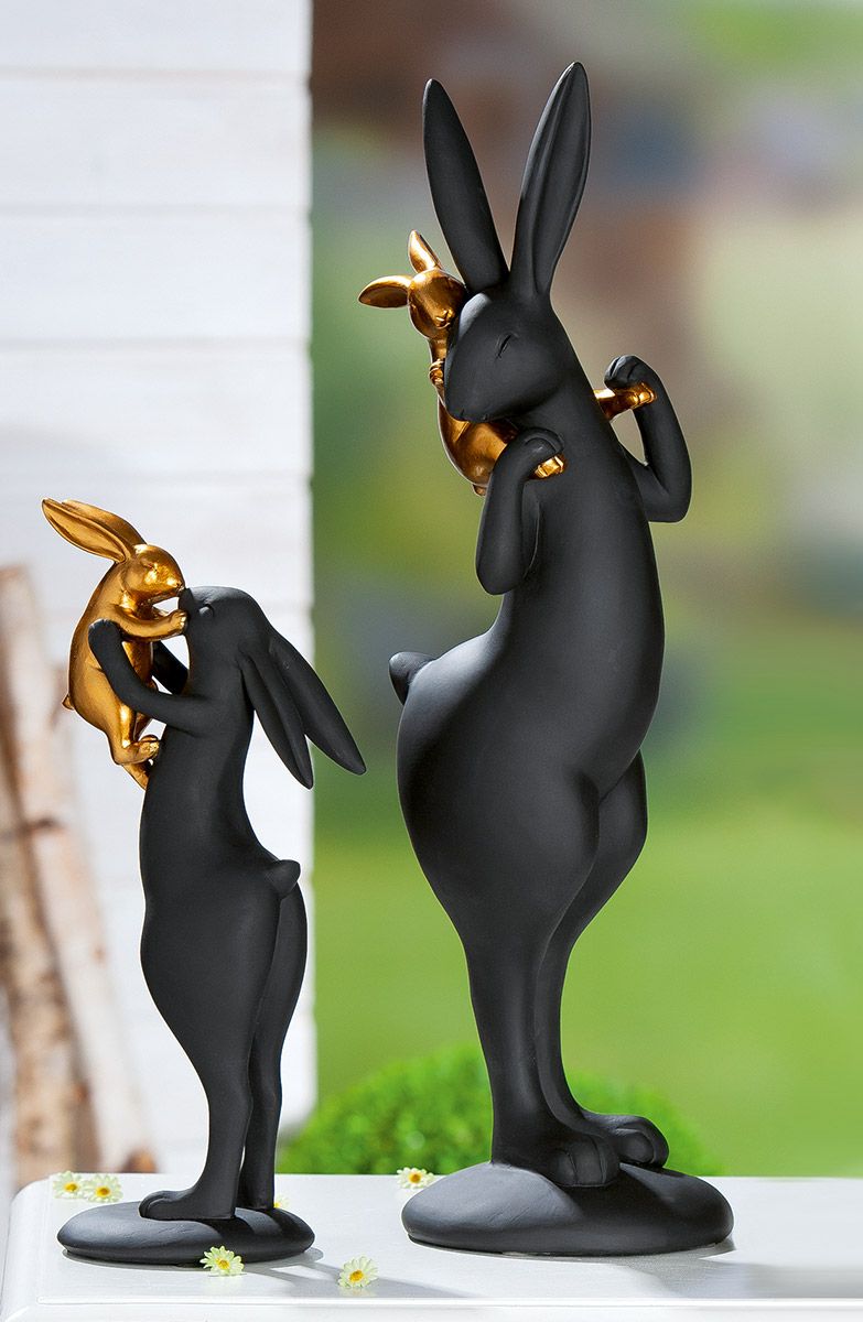Elegant mother rabbit with child sculpture, matt black/gold, 51.5 cm high, resin