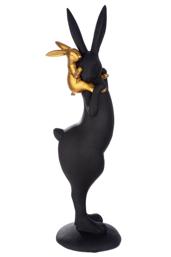 Elegant moederkonijn met kindsculptuur, mat zwart/goud, 51,5 cm hoog, hars