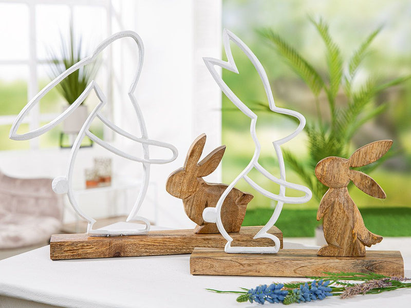 Rustieke set van 4 houten decoratieve konijnen 'Lebre' op standaard - wit en natuurlijke kleuren, 29,5 cm hoog