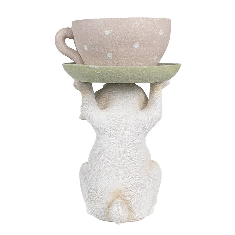 Skulptur Hase mit Kaffebecher Beige Pink