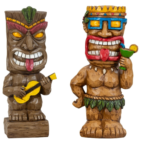 Hawaii Tiki Figuren Set 2er – lustige Deko mit Gitarre und Cocktail 33,5 cm