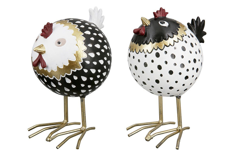 Set van 2 poly kippen Agata in zwart, wit en goud - elegante decoratie voor elk huis, hoogte 19 cm