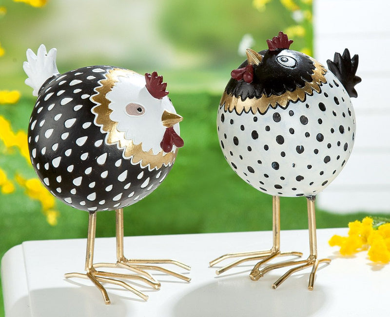 Set van 2 poly kippen Agata in zwart, wit en goud - elegante decoratie voor elk huis, hoogte 19 cm