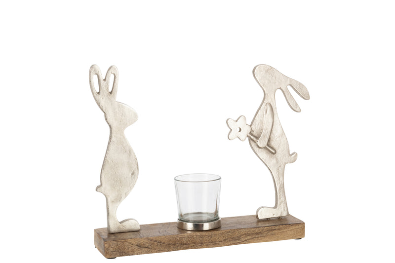 Tealight holder '2 bunnies' - mango tree and metal, silver Easter