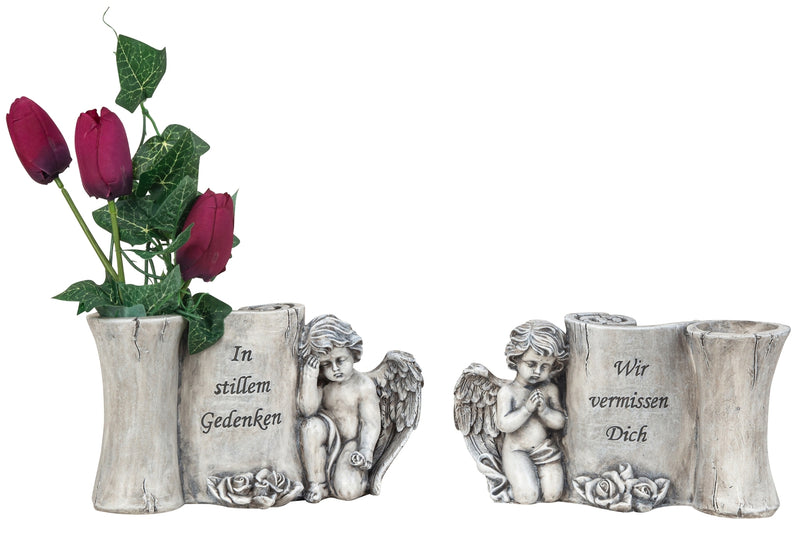 2er Set Grabengel mit Blumenvase – In stillem Gedenken und Wir vermissen Dich