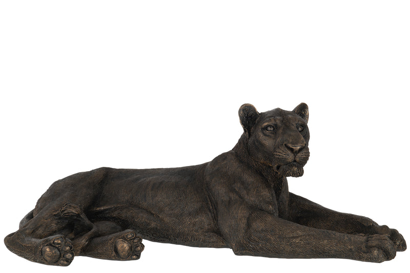 Elegantly reclining lioness made of bronze toned poly