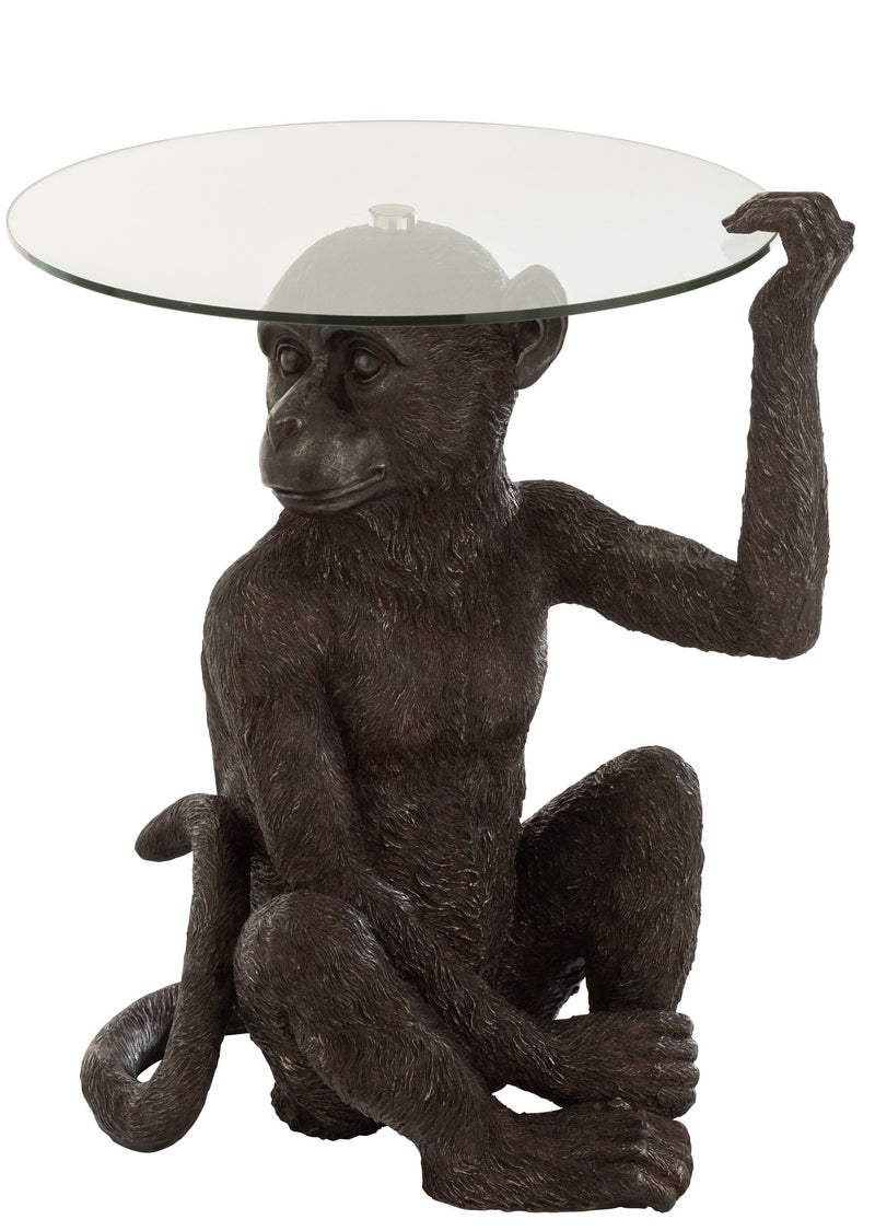 Bijzettafel "Sitting Monkey" - Handgemaakt, Poly materiaal, Donkerbruin, Rond glazen blad, 62x48x52 cm