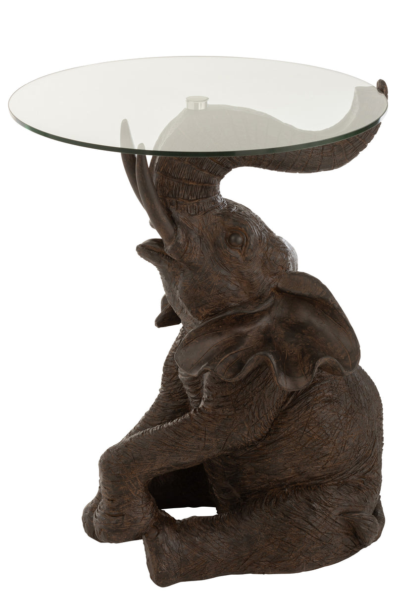 Unique side table with elephant motif and glass top in dark brown made of poly - handmade and stylishly decorative